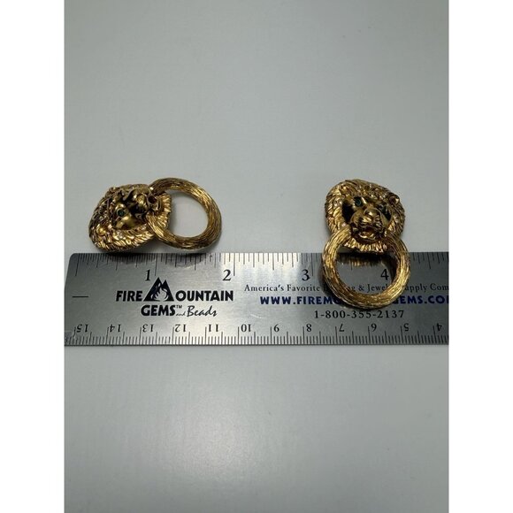 Vintage D’Orlan Gold Tone Lion Head Clip On Earrings Emerald Eyes 2” - Picture 6 of 14